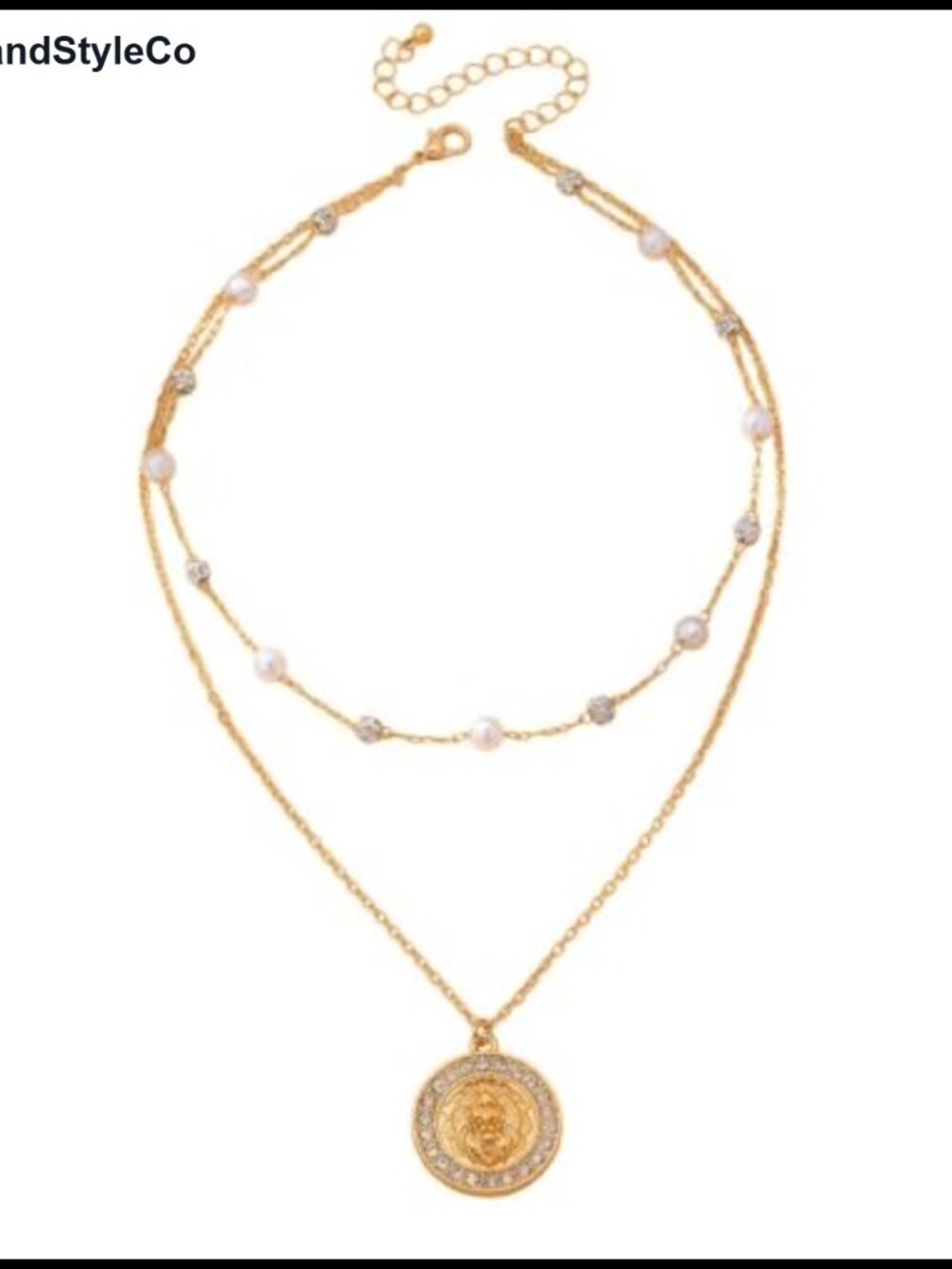 Layered Faux Pearl Rhinestone Lion Head Coin Pendant Necklace